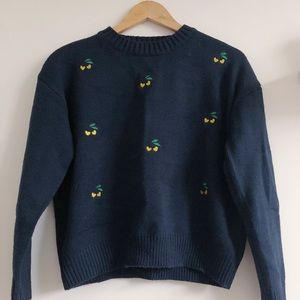 Navy Blue Sweater with Yellow Heart Cherries